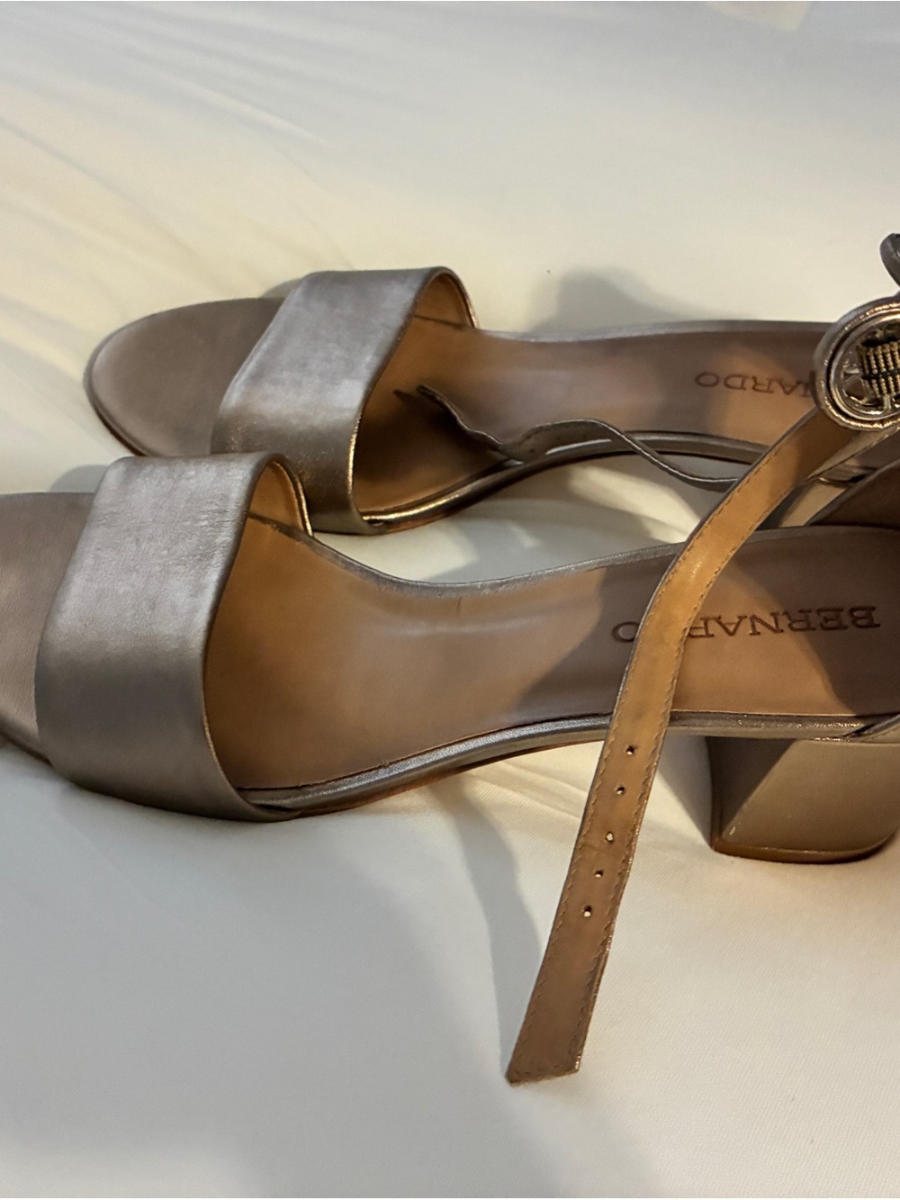 Bernardo Metallic Taupe Block Heel Sandals with Ankle Strap